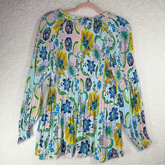 Sunny Leigh Blue Yellow Green Rouched Pleated Blouse Medium - Picture 11 of 13